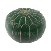Moroccan leather pouf, round pouf, berber pouf, Dark Green pouf with Beige embroidery by Kenzadi - Handmade by My Poufs